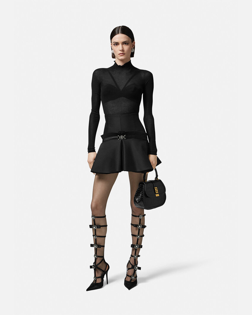 Versace Folded Wool-silk Bustier Top In Black
