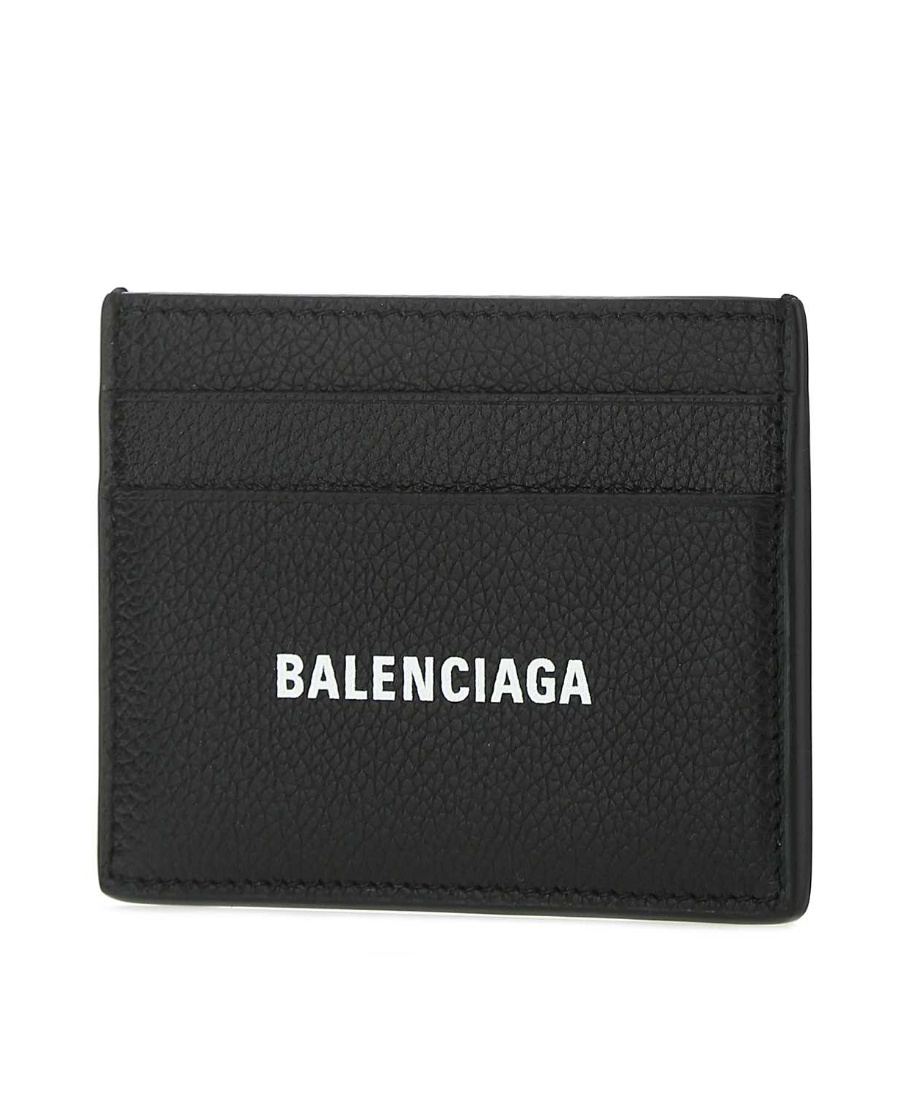 Balenciaga Black Card Holder With Logo Lettering On The Front In Grained Leather Man In Black