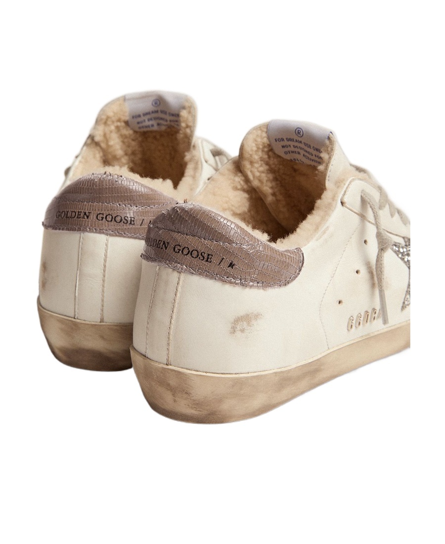 Shop Golden Goose Super-star Sneakers With Shearling Lining, Silver Glitter Star And Lizard-print Dove-gray Leather He