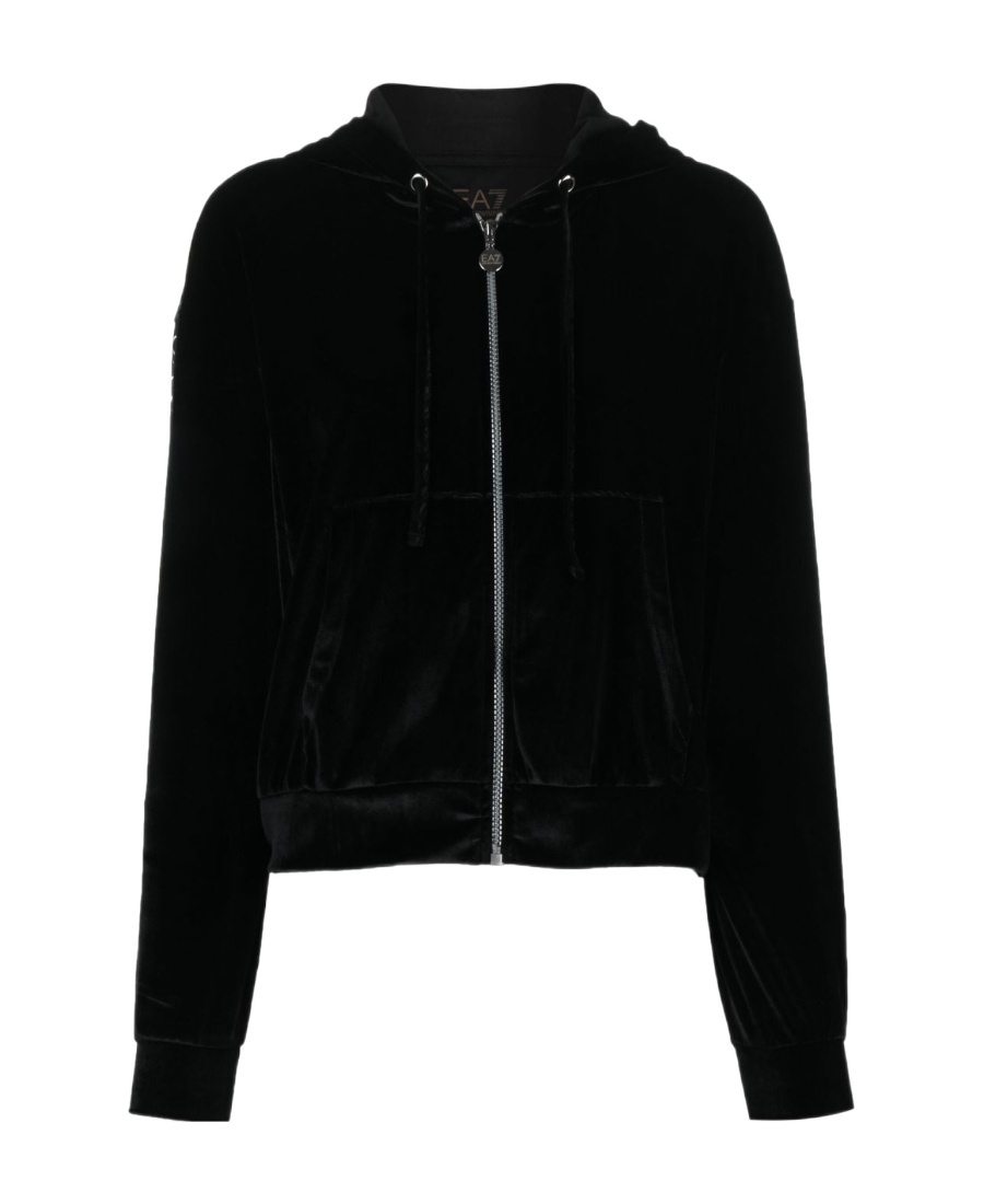 Ea7 Zip-fastening Velvet Hoodie In Black