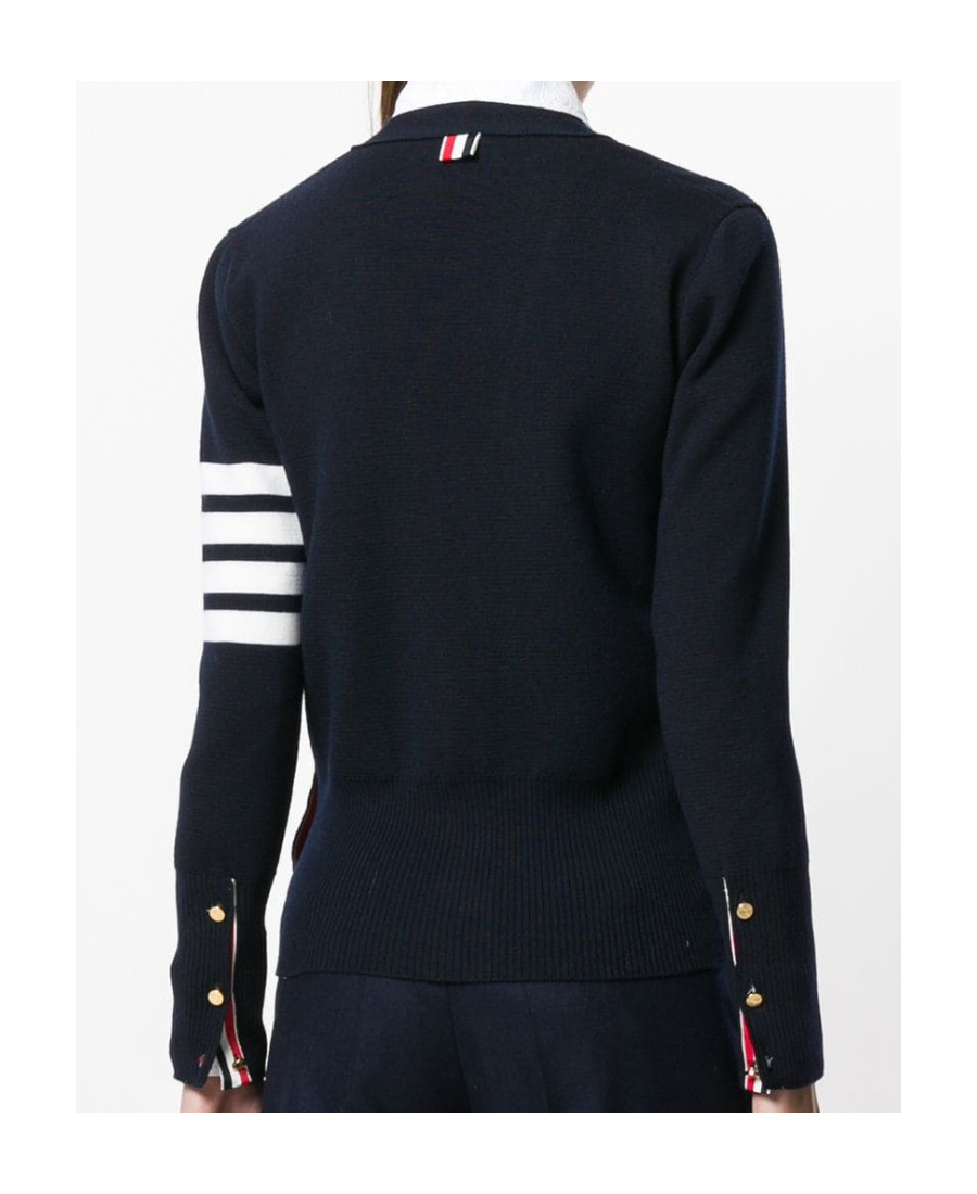 Thom Browne Ladies Navy Cashmere 4-bar Classic V-neck Cardigan In Black