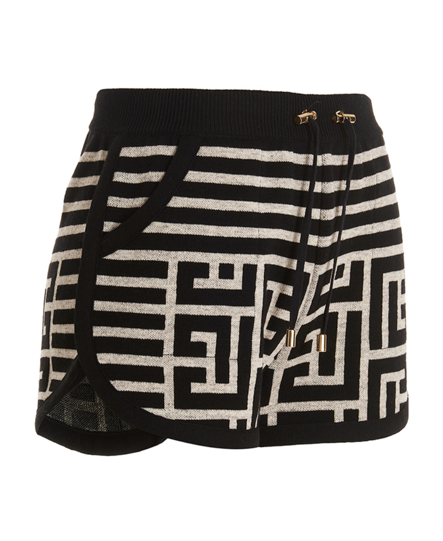 Balmain Monogram-jacquard Wool Shorts In Black