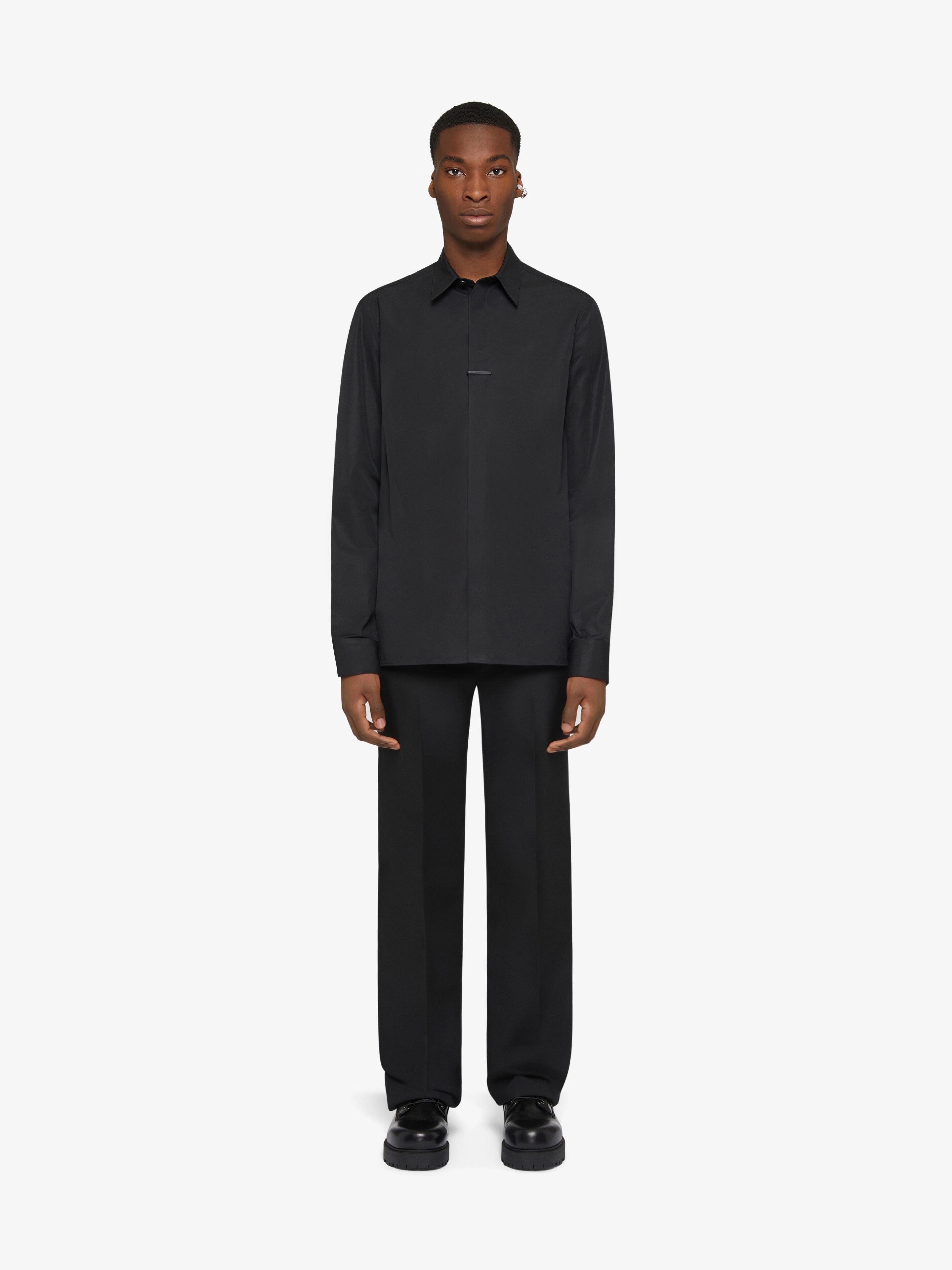 Givenchy Logo Engraved Metal Clip Long-sleeved Shirt In Black