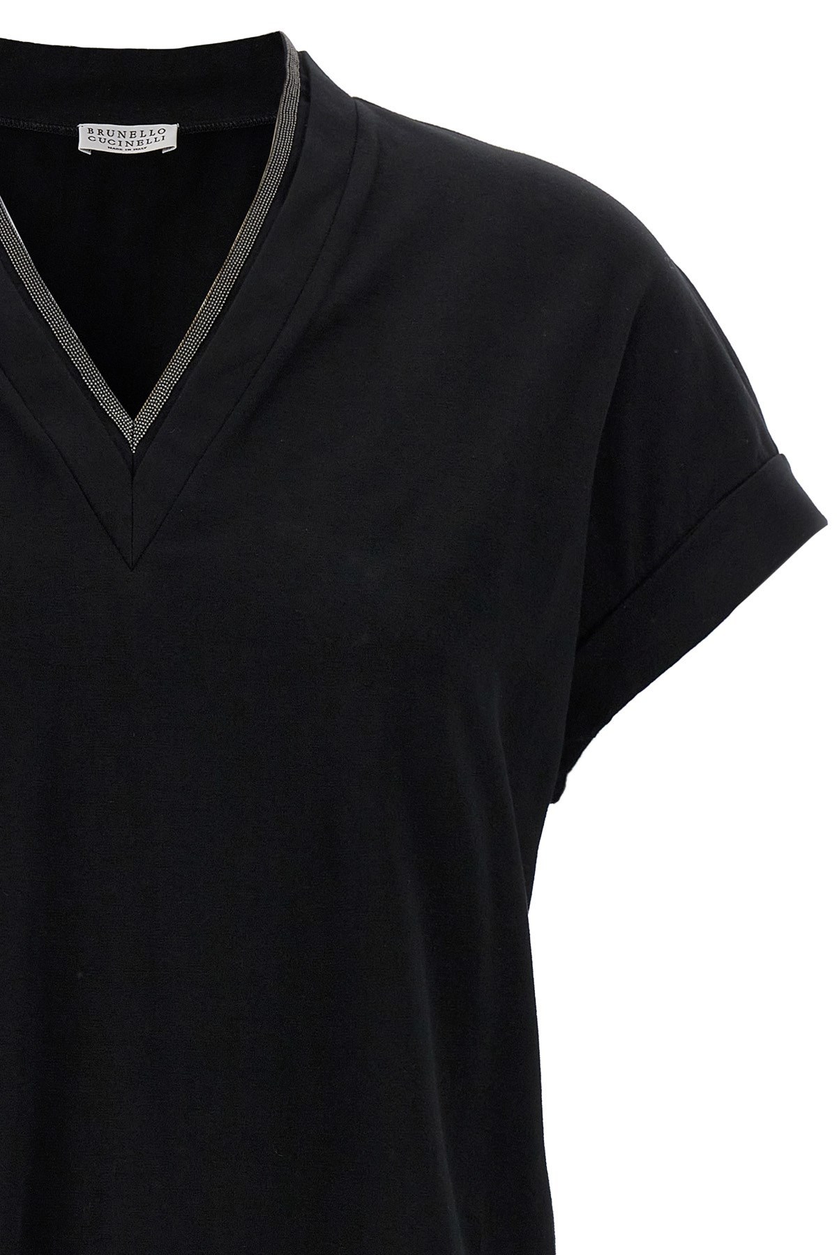 Brunello Cucinelli Black V-neck T-shirt With Monile Detail In Stretch Cotton Woman In Black