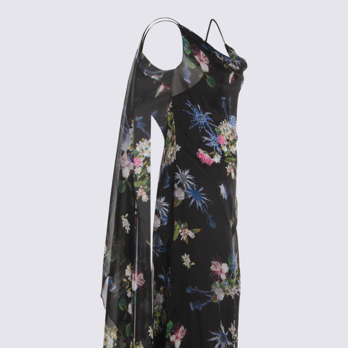 Blumarine Floral Asymmetric Sheer Spaghetti Strap Dress In Black