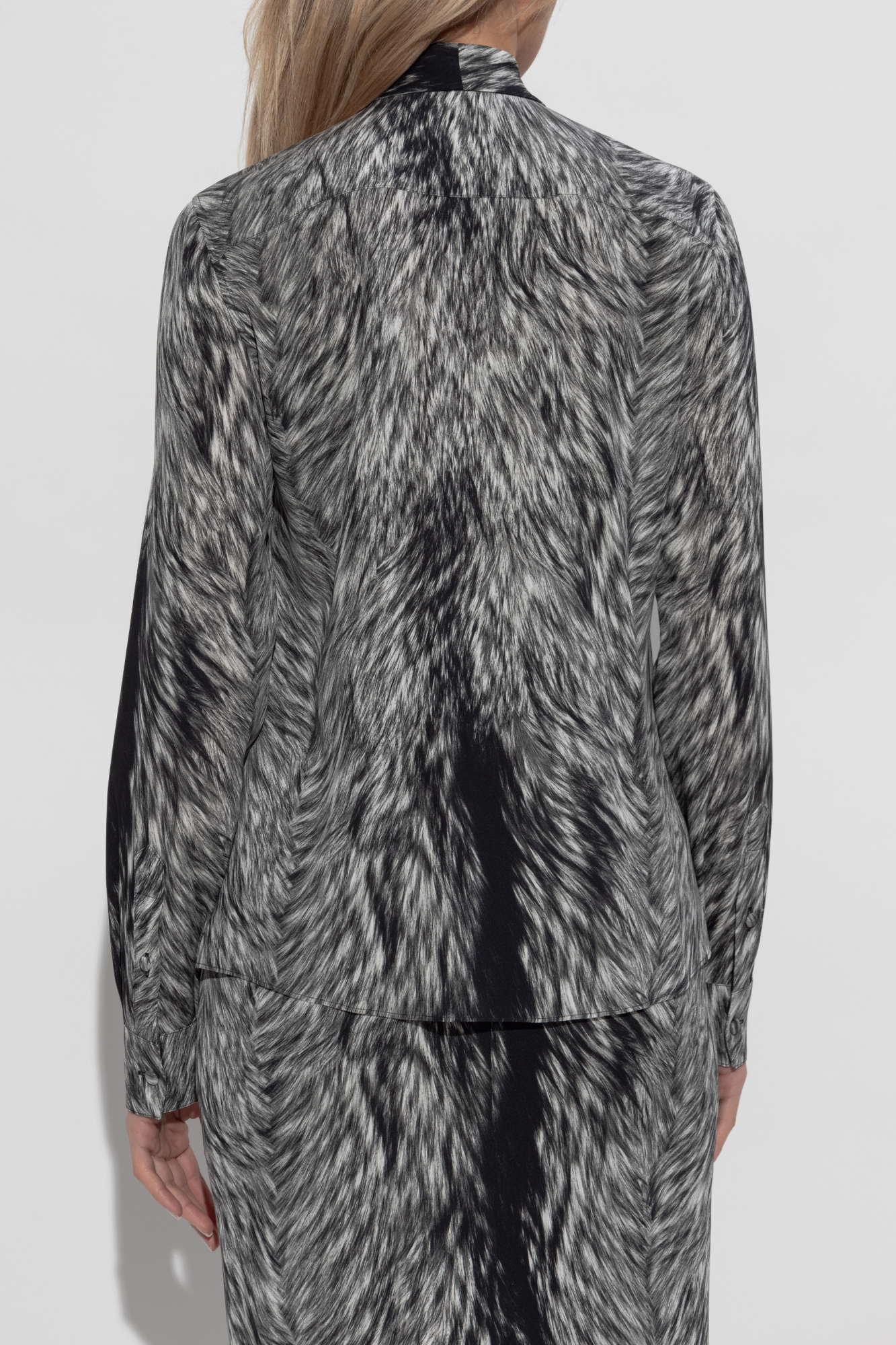 Dolce & Gabbana Fur-print Charmeuse Shirt With Pussy-bow In Gray
