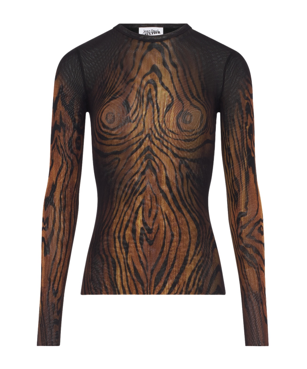 Jean Paul Gaultier Top Long Sleeves Mesh Printed Wood Woman Black And Brown In Brown