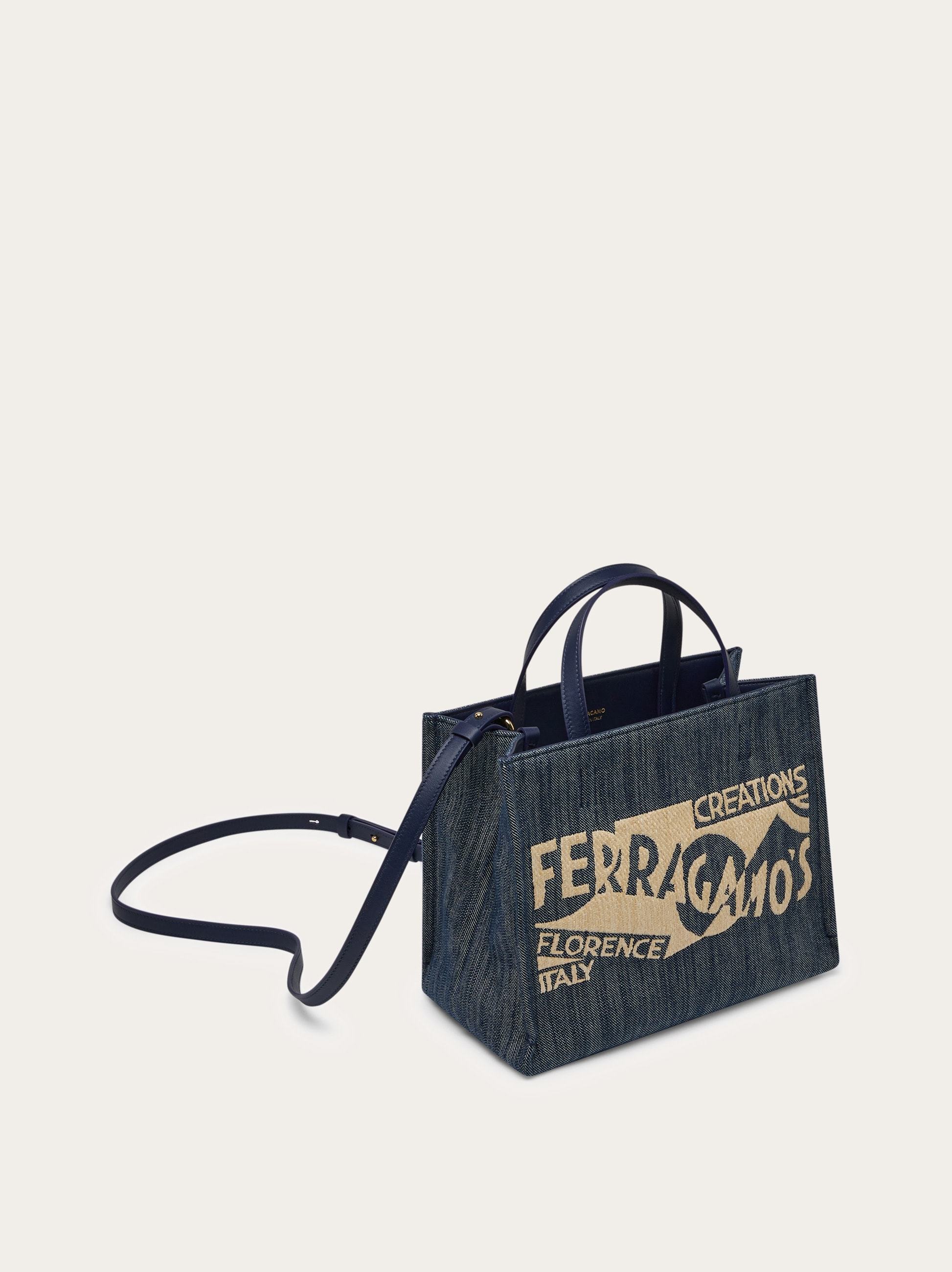 Ferragamo Blue Denim Large Tt Sign Shopping Bag In Black