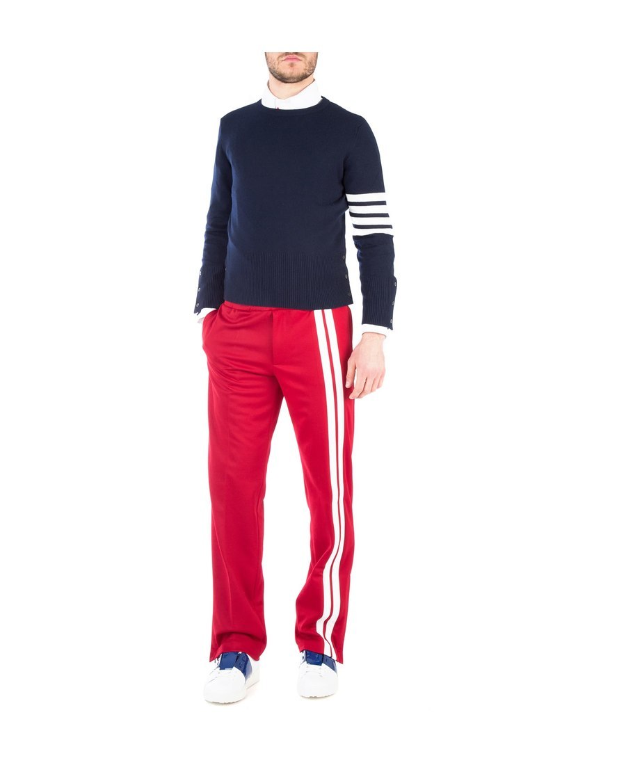 Thom Browne Blue Crewneck Swwater With 4-bar On The Sleeve And Ribbed Trims In Wool Man In Black