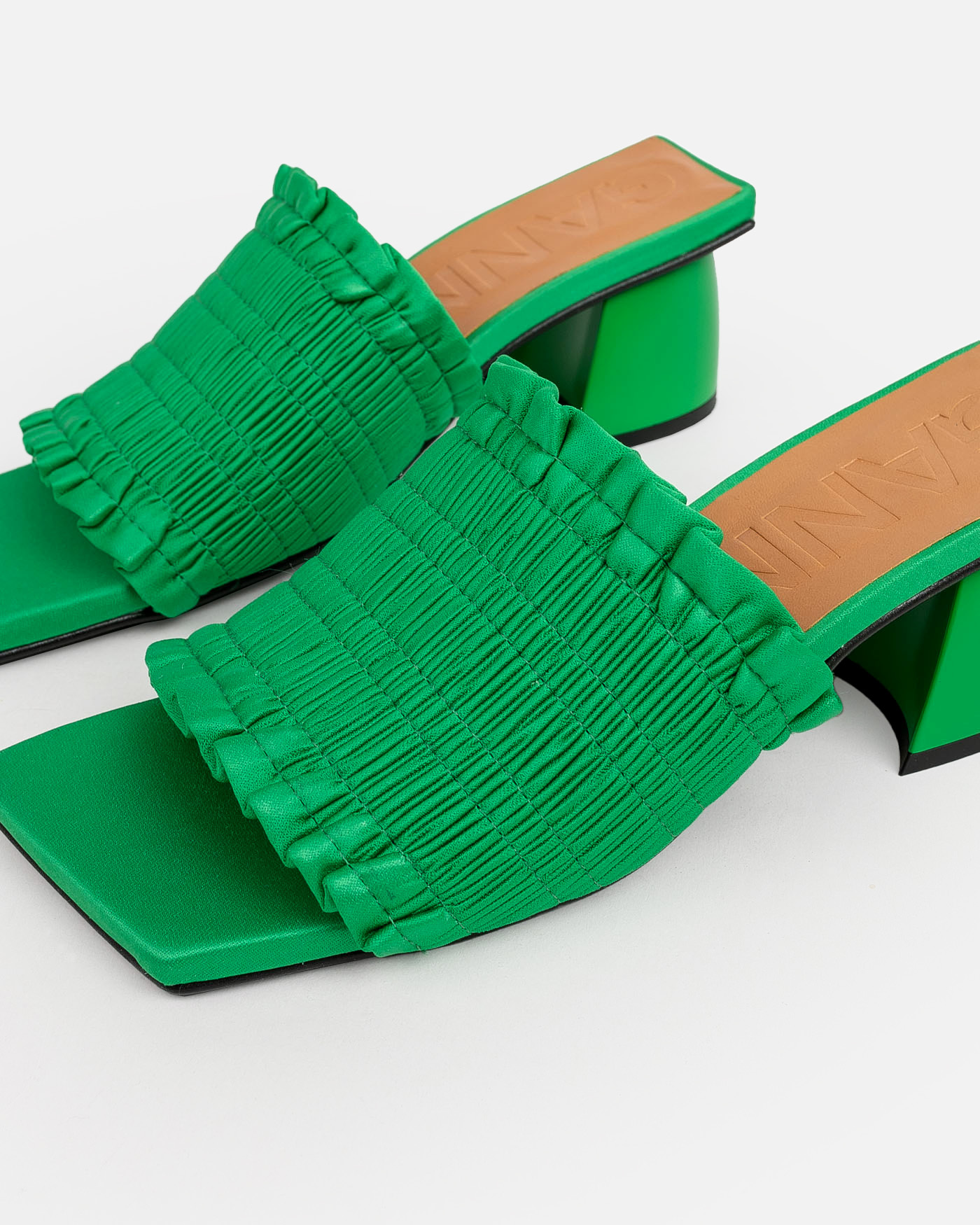 Ganni Smocked Kitten-heel Mules In Green