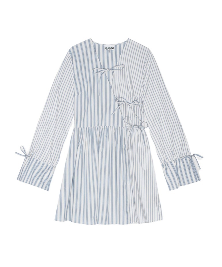 Ganni Stripe-print Cotton Mini Wrap Dress In White
