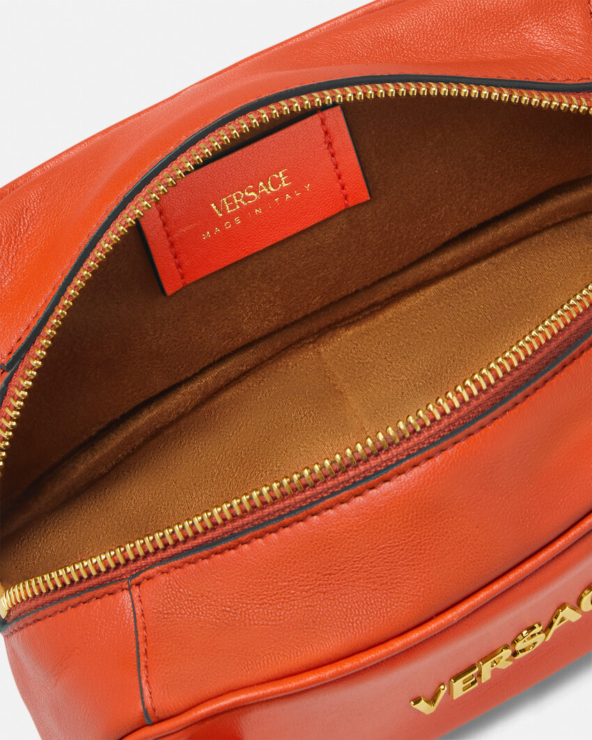 Versace Tag Bowling Leather Shoulder Bag In Orange