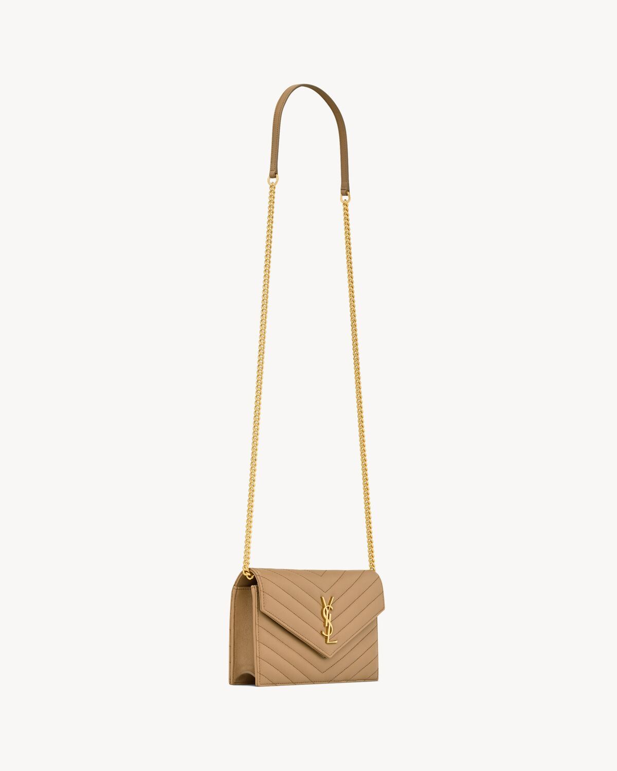 Saint Laurent Cassandre Envelope Chain Wallet In Lambskin In Brown