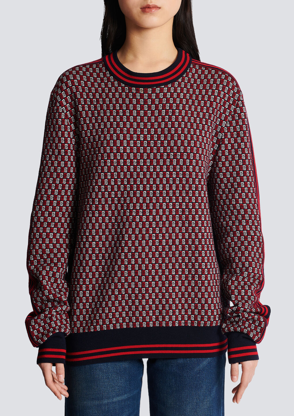 Shop Balmain Cropped Monogrammed Knit Jumper In Red