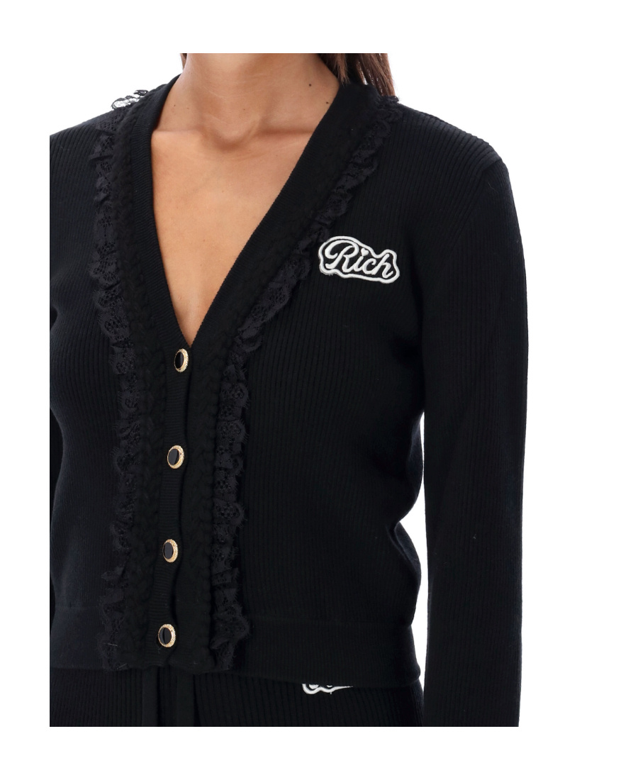 Alessandra Rich Sophisticated V-neck Cardigan With Ruffle Detailing And Cropped Length In Black