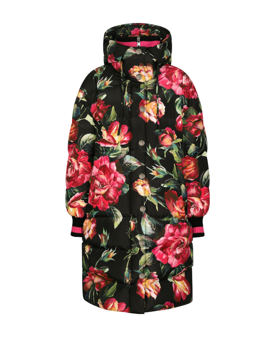 Dolce & Gabbana Floral-printed High-neck Long Coat In Black