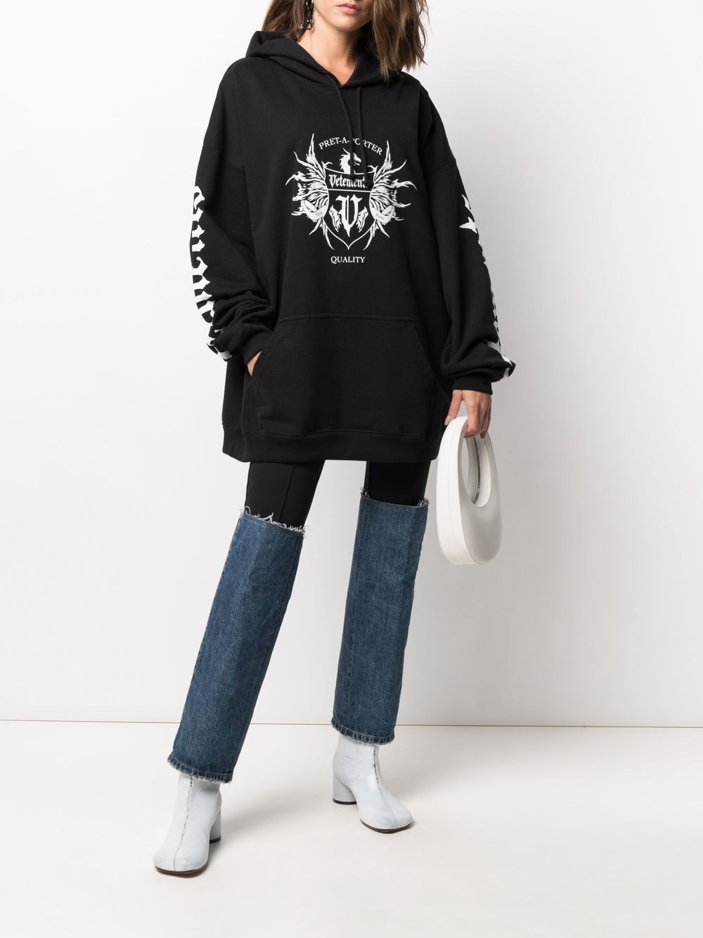 Shop Vetements Black Logo Printed Long-sleeved Hooded Sweater