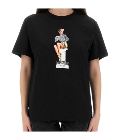 Moschino Short Sleeve Crew Neck Graphic Print Top In Black