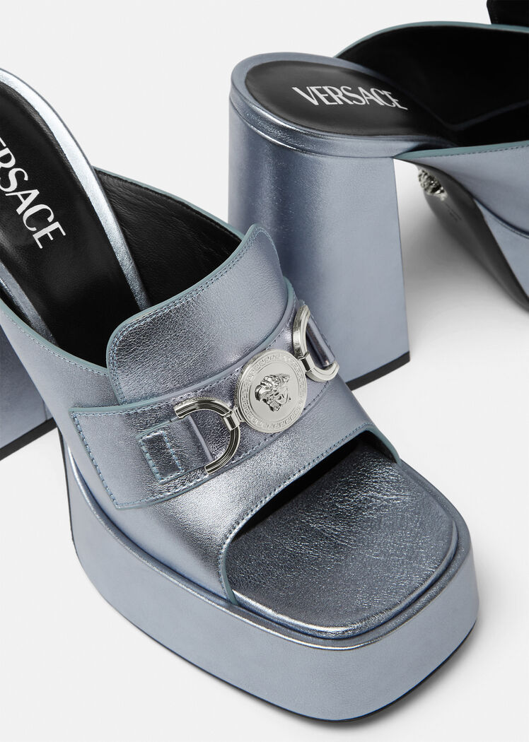 Versace Medusa Metallic-effect Open Toe Mules In Gray
