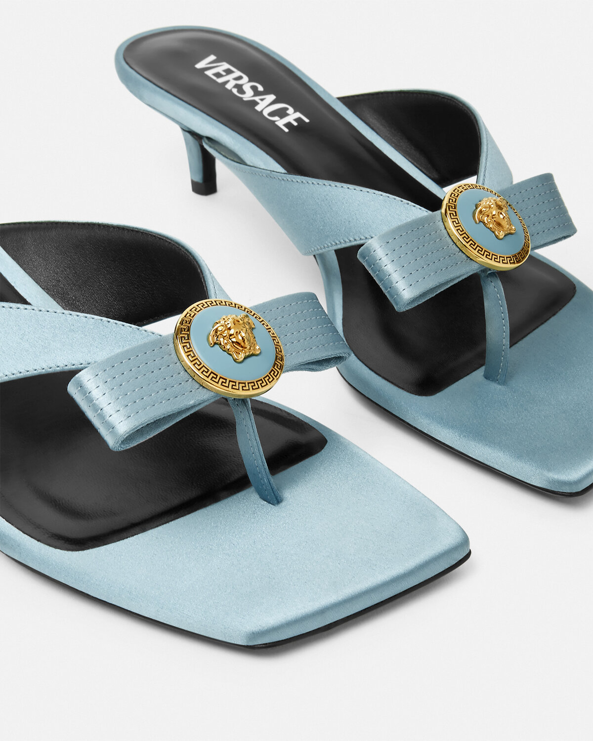 Versace La Medusa Satin Sandals In Blue