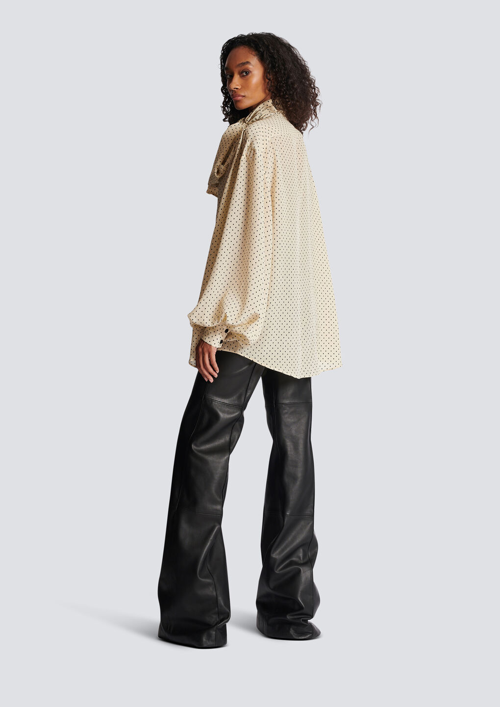 Balmain Printed Pussy Bow Silk Blouse In Nude