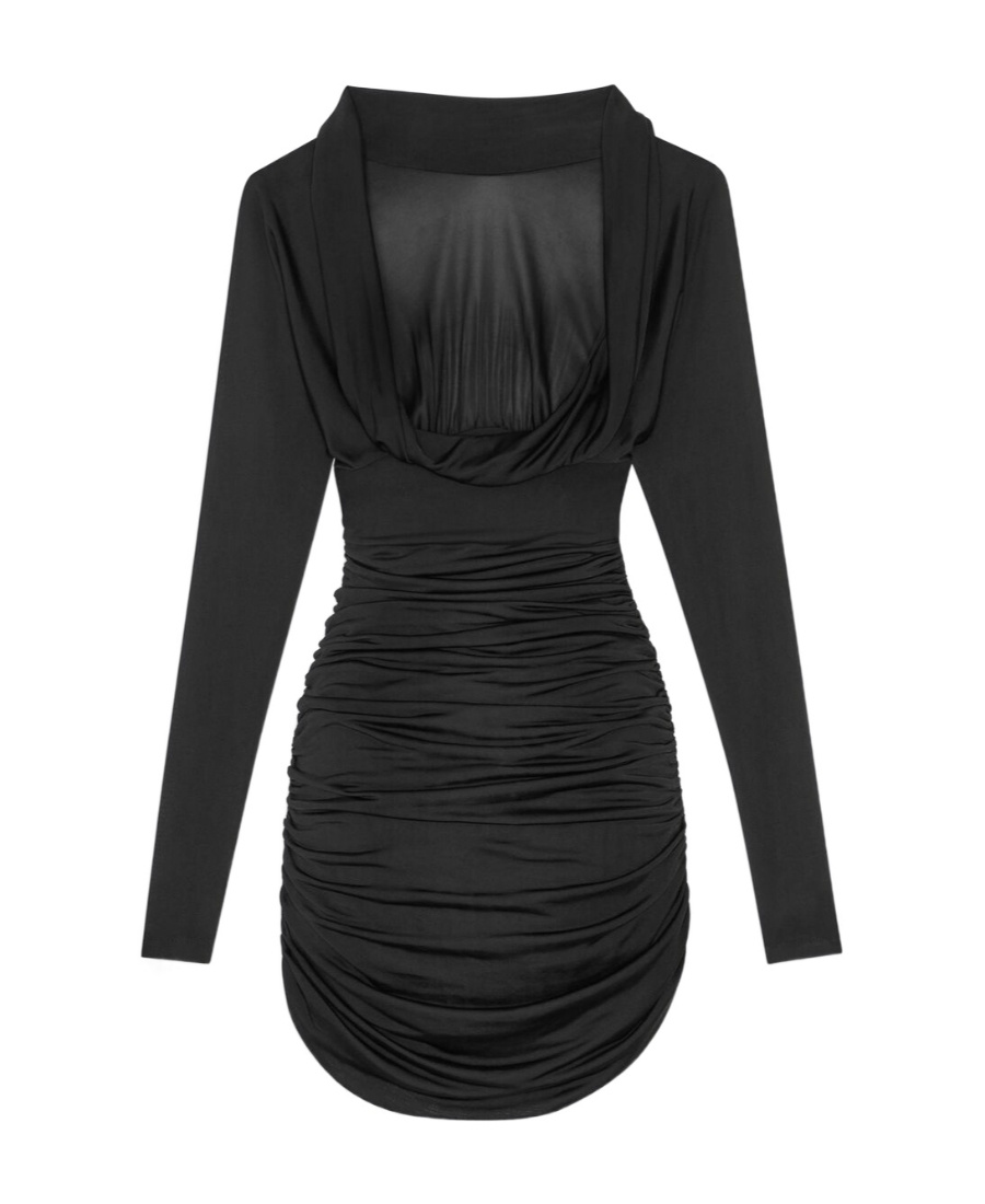 Saint Laurent Ruched Curved-hem Long-sleeve Dress In Black