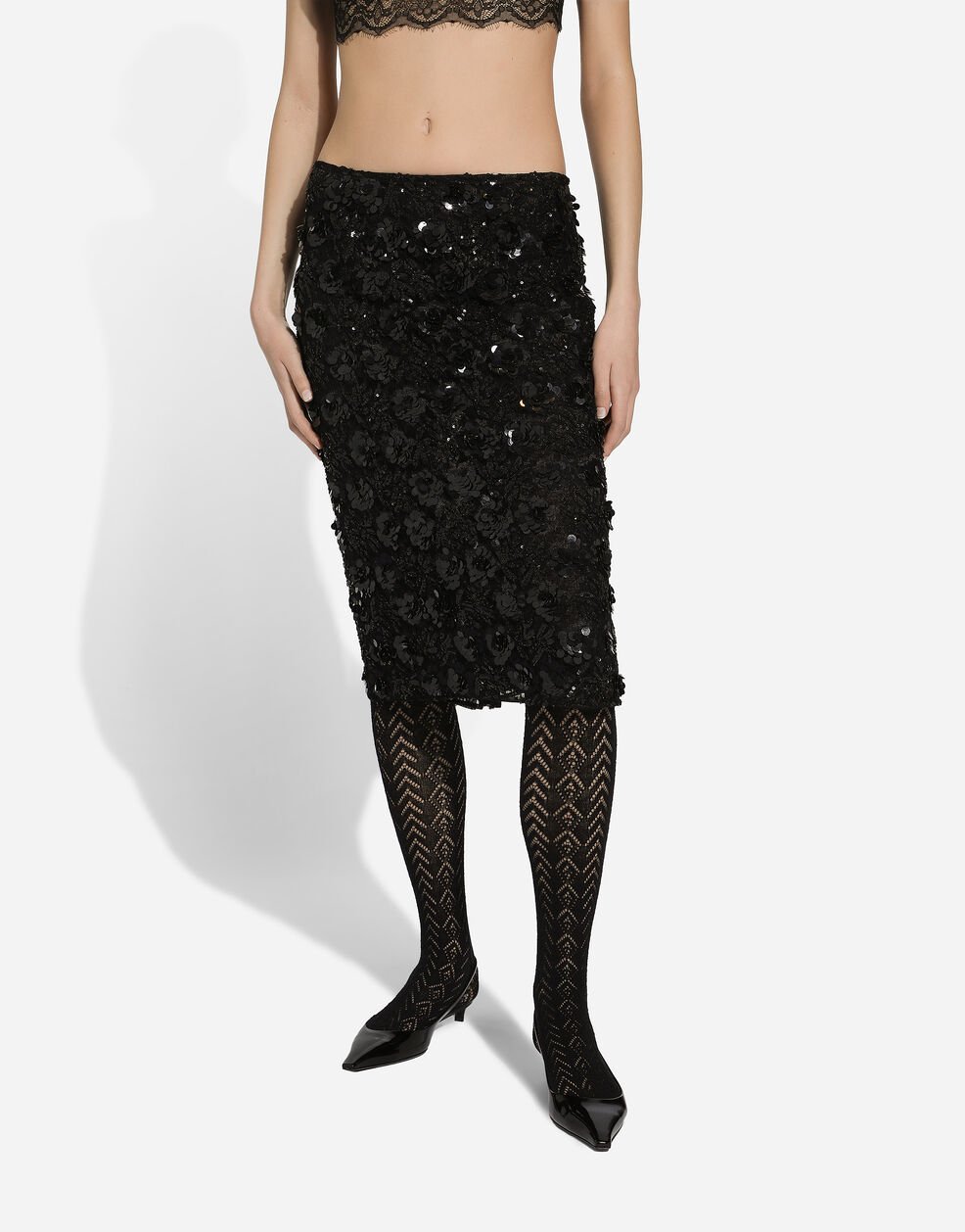 Dolce & Gabbana Lace Midi Skirt With Sequins In Black