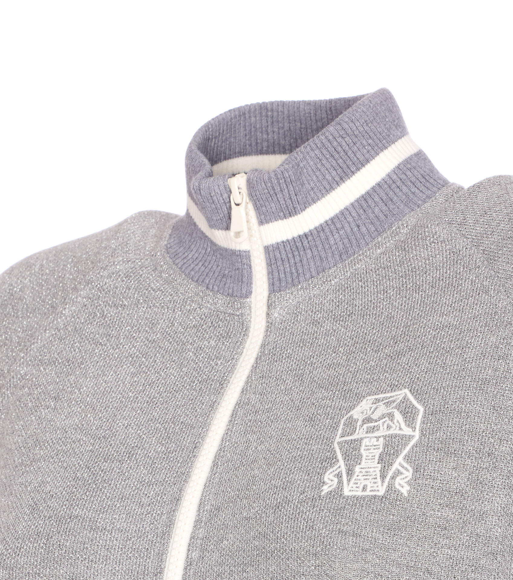 Brunello Cucinelli High Neck Long Sleeve Cardigan With Pockets In Gray