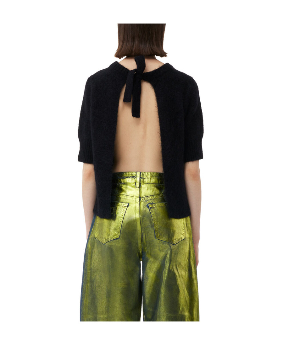 Ganni Open-back Short-sleeve Top In Black