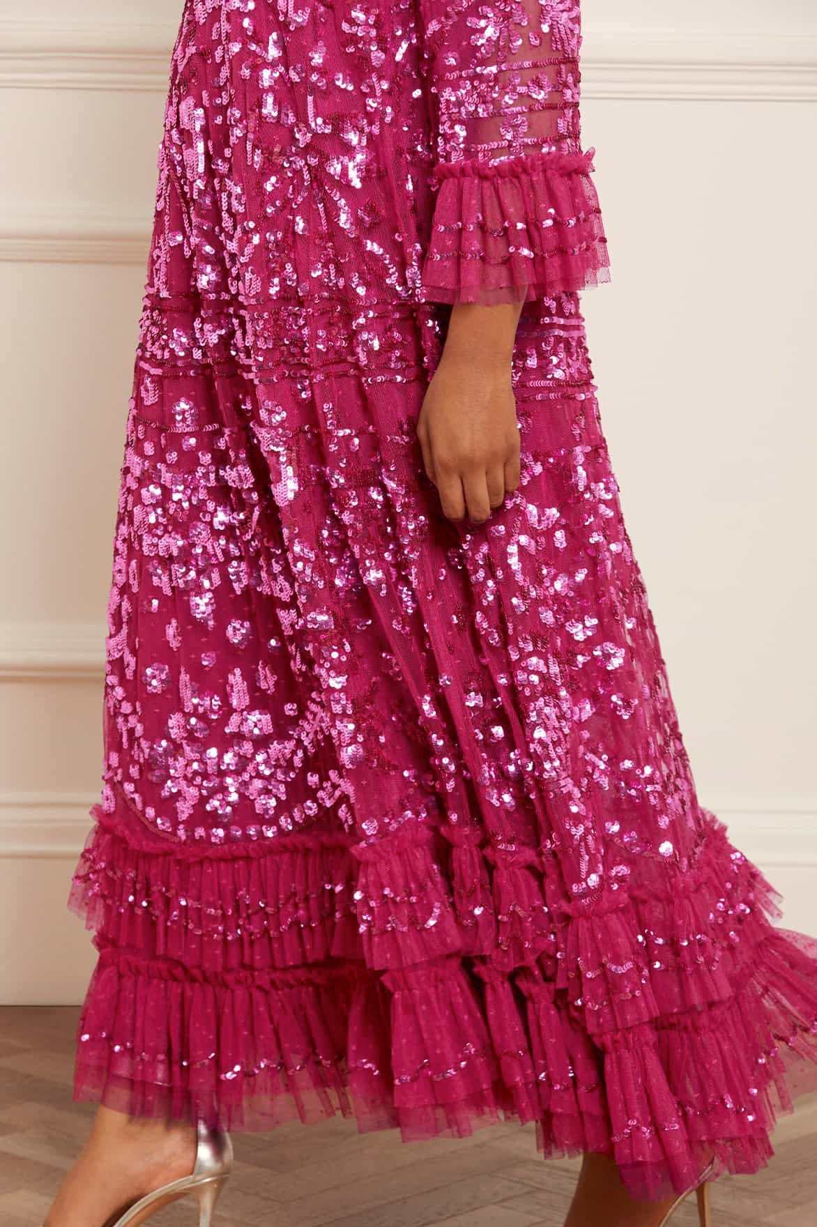 Needle & Thread Sequinned Ruffled Maxi Dress In Pink