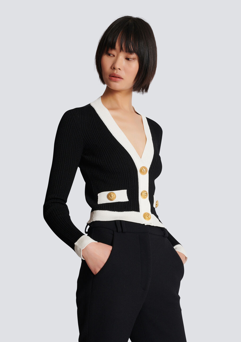 Balmain Contrast-border Ribbed Knit Cardigan In Black