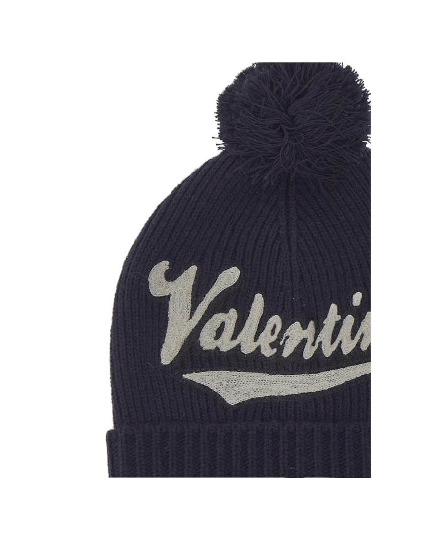 Valentino Embroidered Logo Pompom Beanie In Black