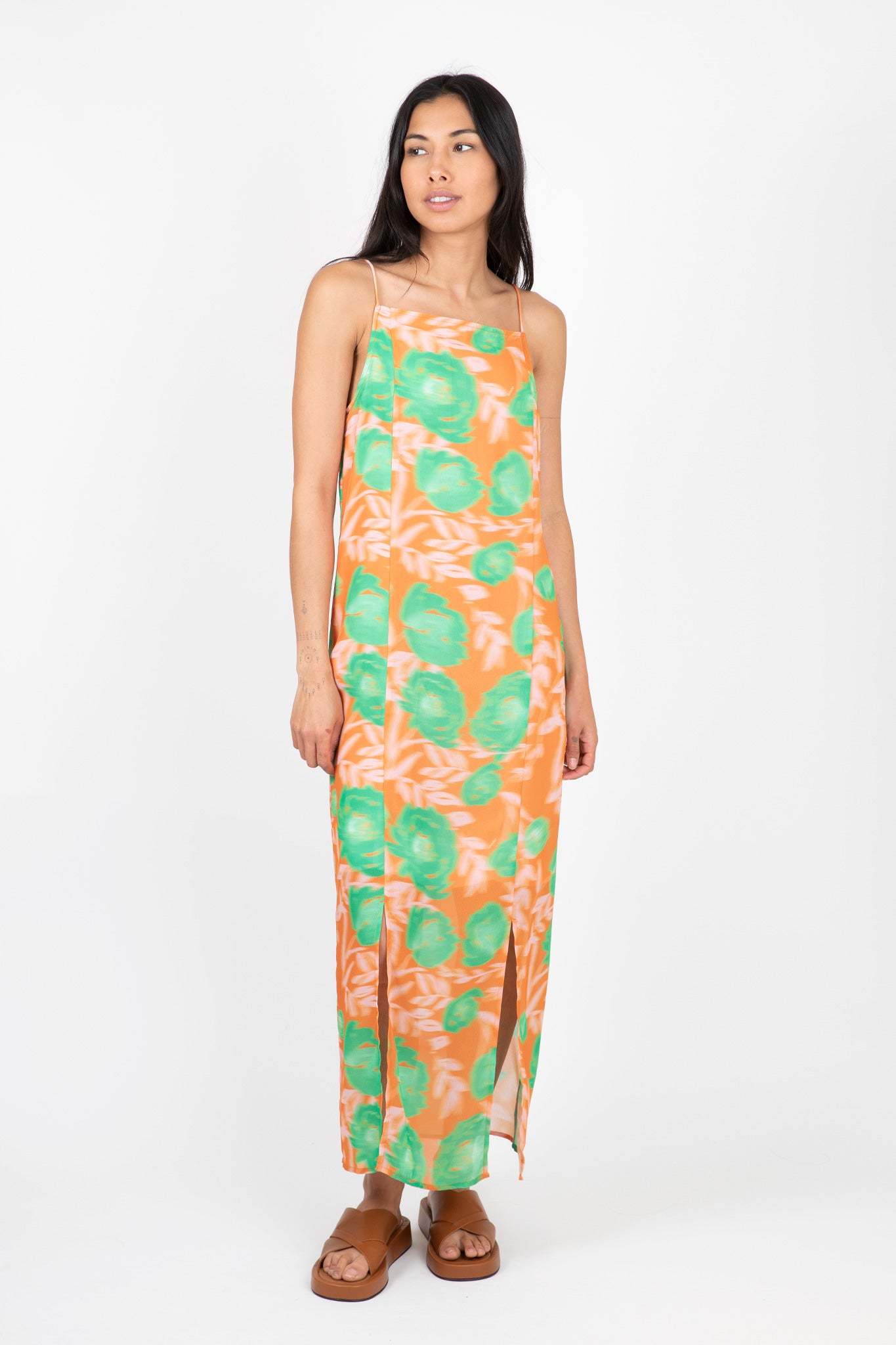 Ganni Printed Light Crepe Slip Dress In Pink