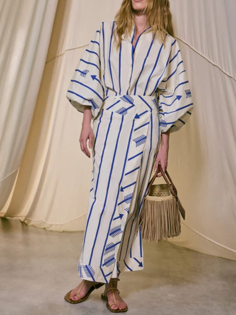 Johanna Ortiz Mar De Cortes Midi Skirt Arrow Stripes Blue In White