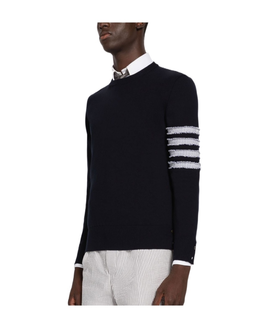 Thom Browne Blue Crewneck Swwater With 4-bar On The Sleeve And Ribbed Trims In Wool Man In Navy Blue