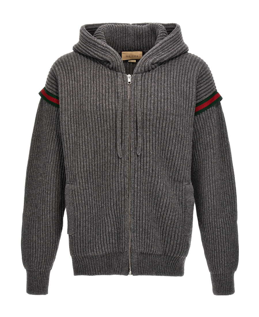 Gucci Hooded Cardigan Web Striped Detail In Gray