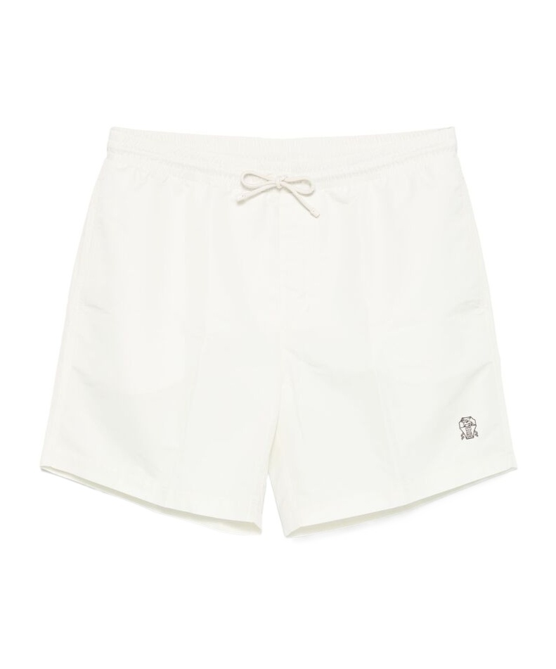 Brunello Cucinelli Straight-leg Mid-length Logo-embroidered Swim Shorts In White