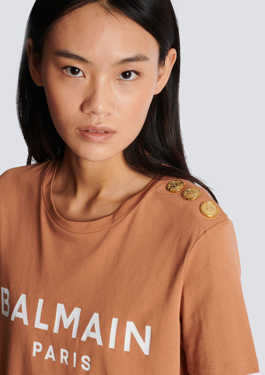Shop Balmain Buttoned Printed Logo T-shirt In Nude