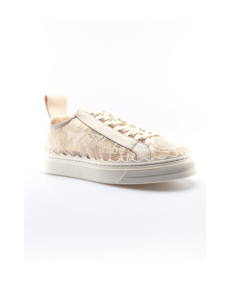 Chloé Lauren Scalloped Leather-trimmed Lace High-top Sneakers In Nude
