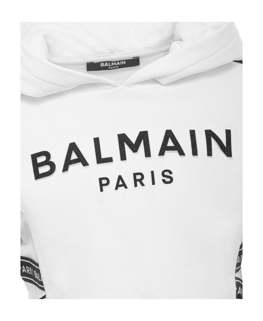 Balmain Logo Tape Crop Graphic Hoodie In White