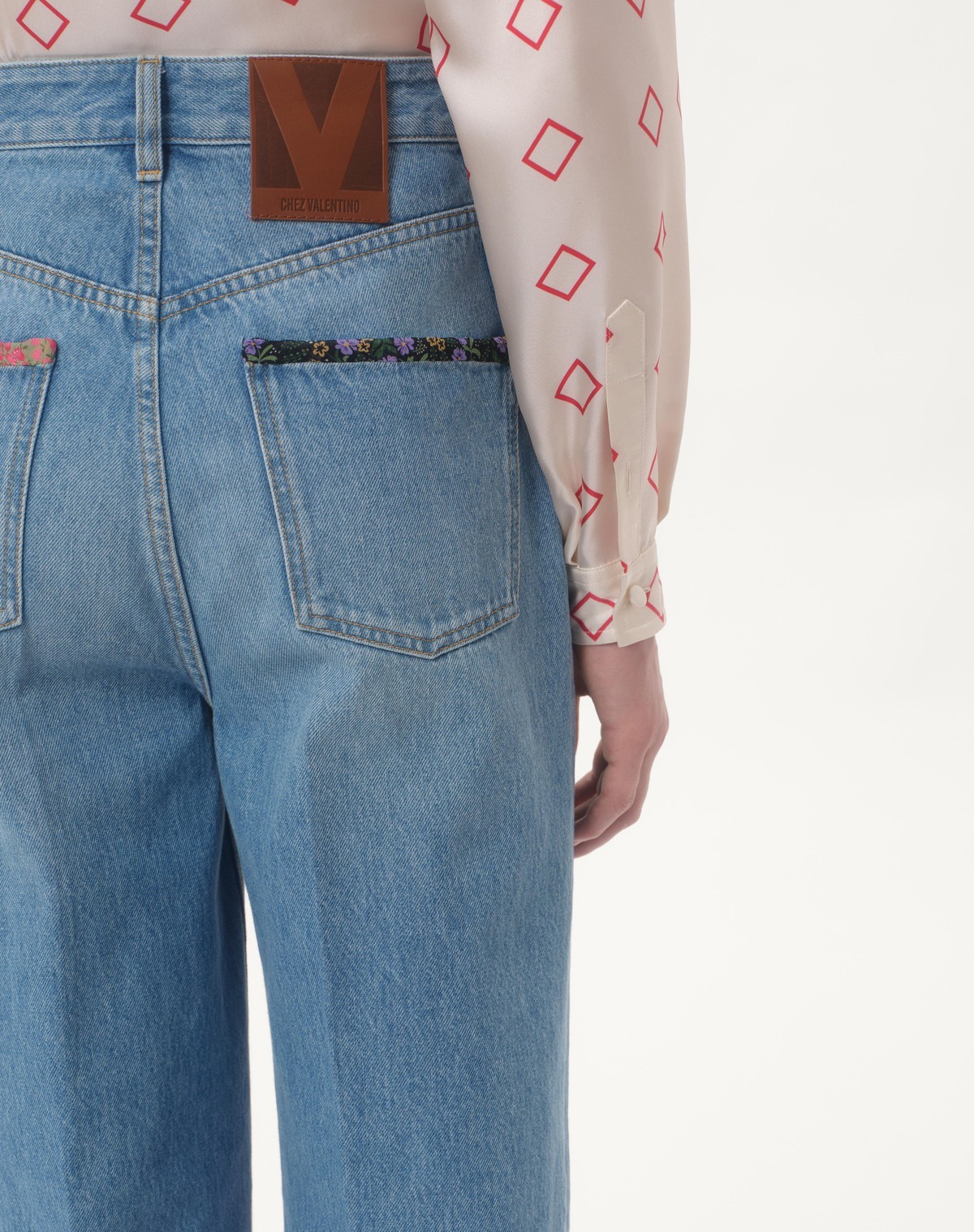 Valentino Denim Trousers With Floral Print Hem In Blue