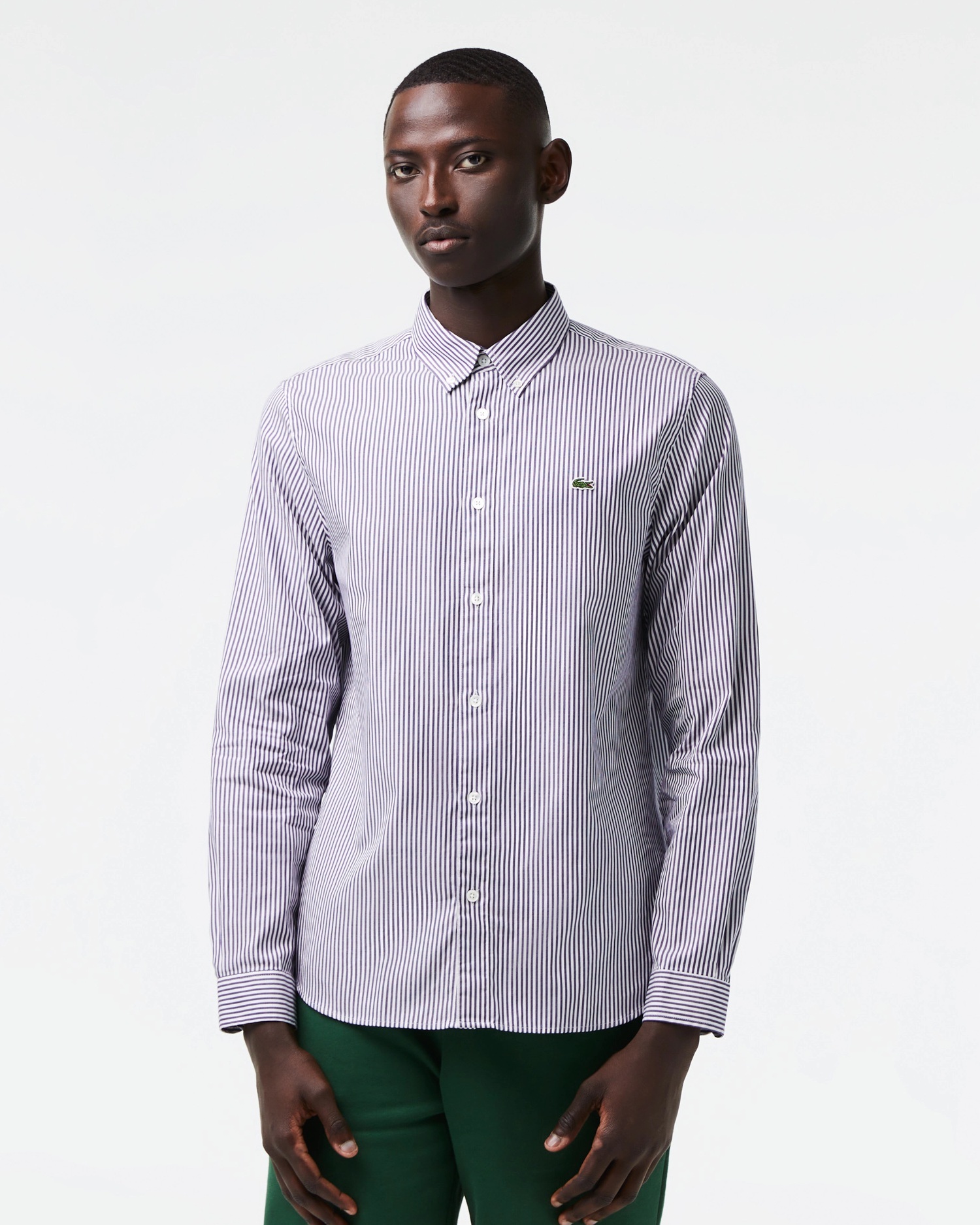 Lacoste Logo-patch Striped Cotton Shirt In Gray