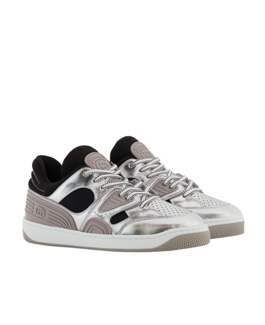 Gucci Elevate Your Style With This Silver And Black Metallic-leather Sneaker In Gray