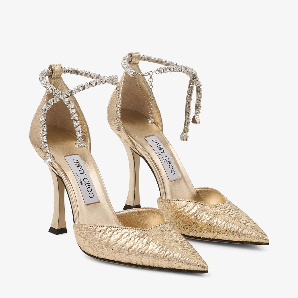Jimmy Choo Stevie 100 Crystal-embellished Metallic Pumps In Gold