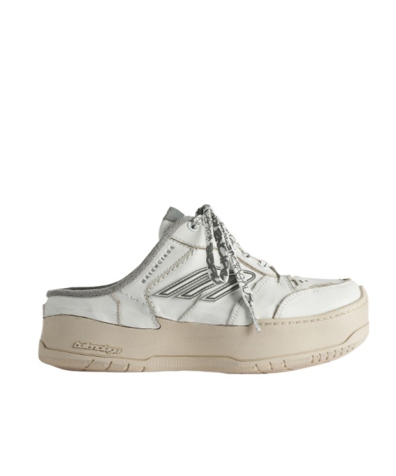 Balenciaga Hamptons Platform Mules In White, Tan And Gray