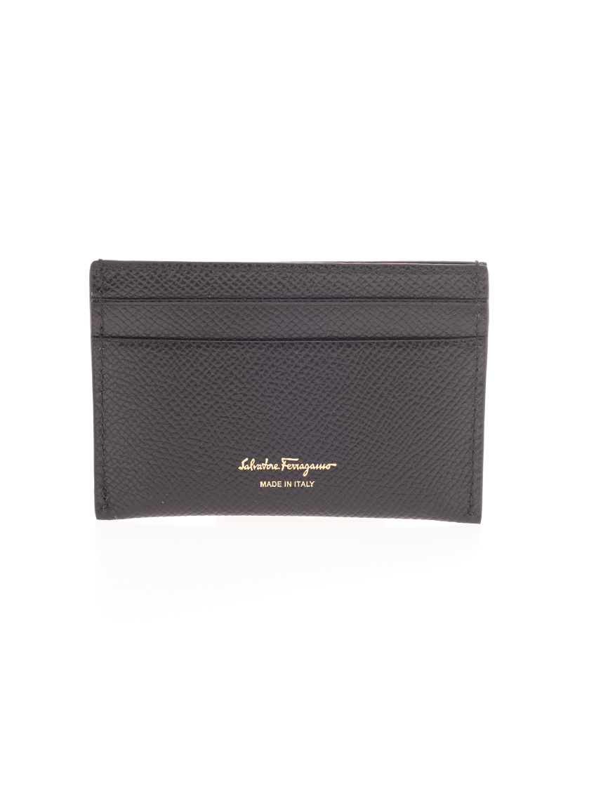 Ferragamo Black Card-holder With Gancini Detail In Hammered Leather Woman In Black