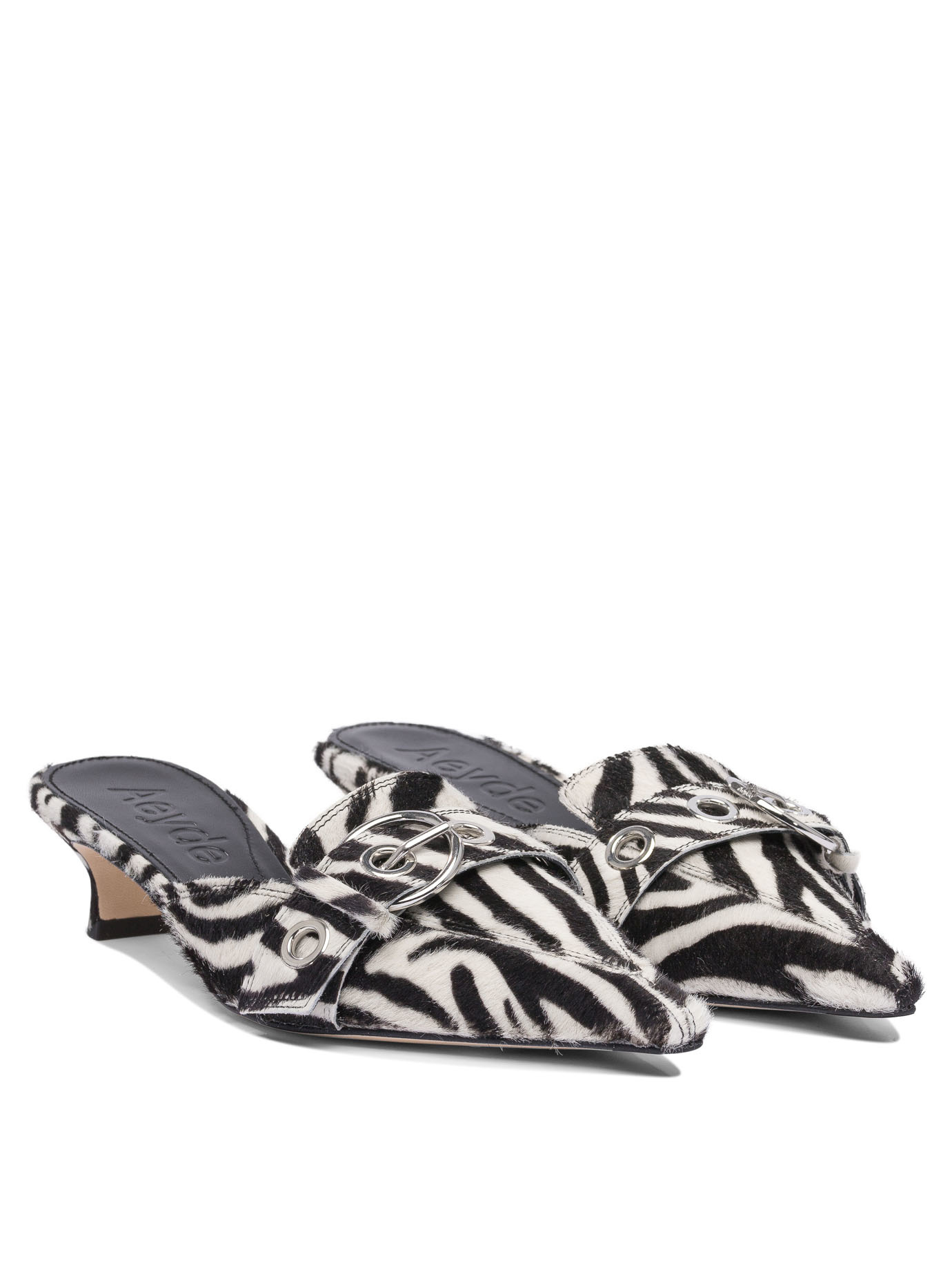 Aeyde Animal Print Kitten Heel Pointed Toe Mules In Black