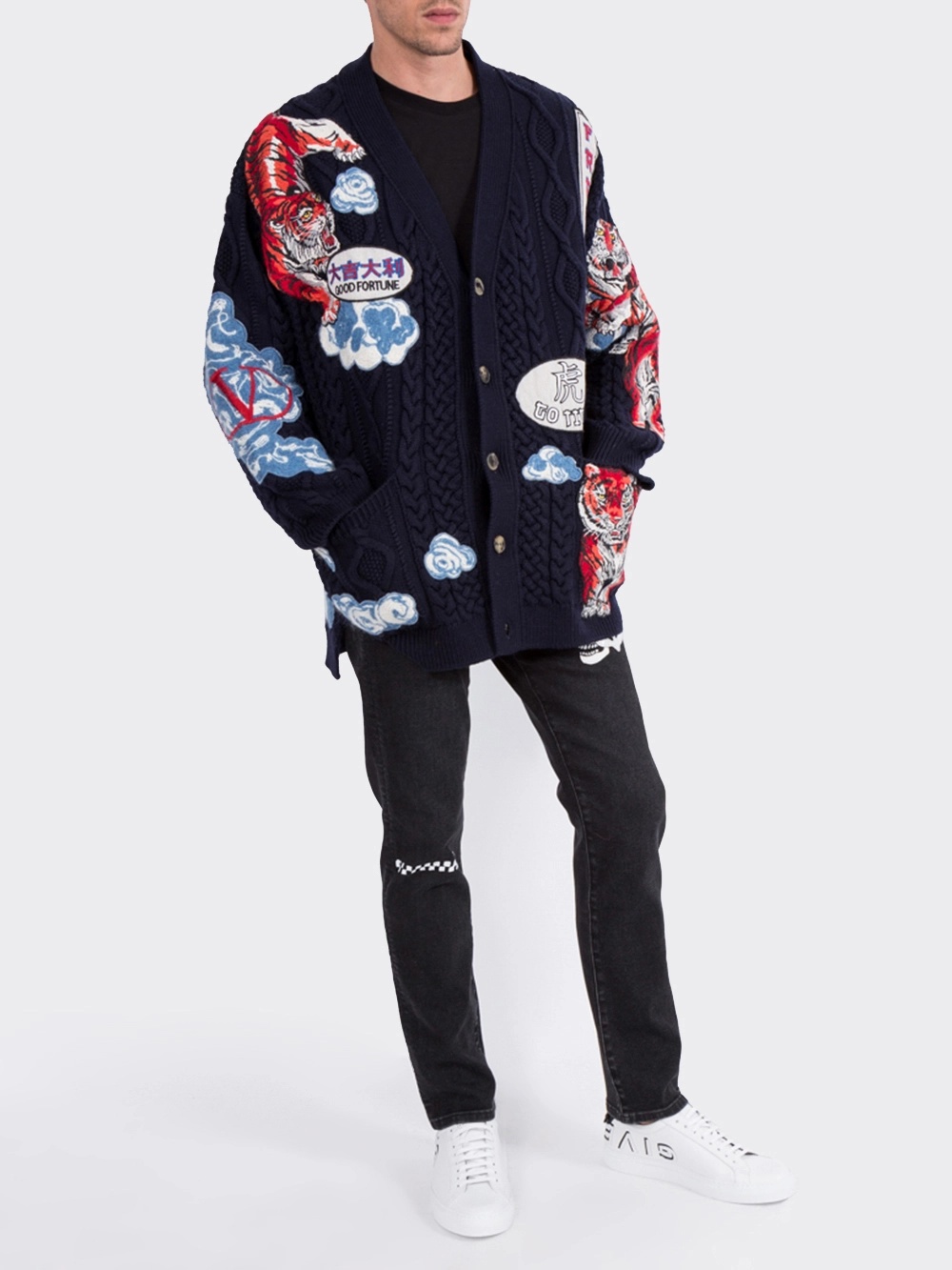 Valentino Tiger Embroidered Cardigan In Black