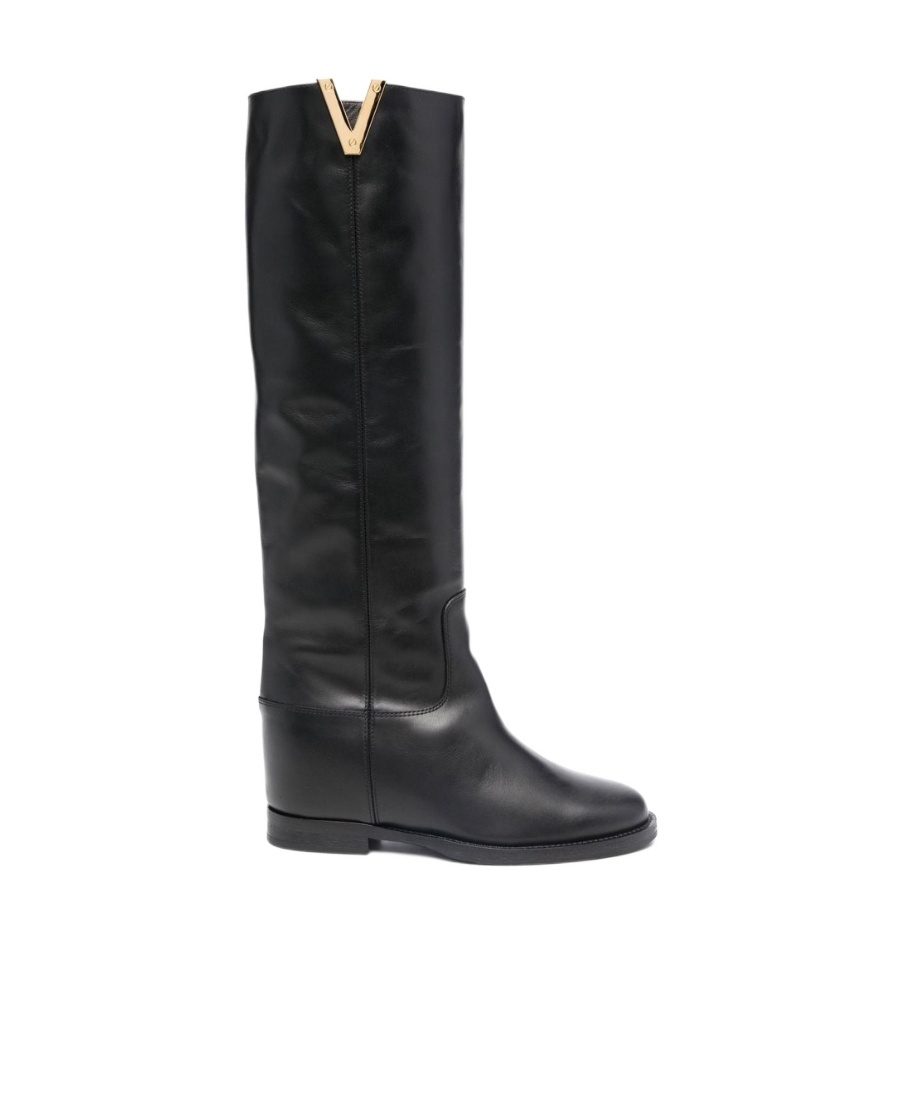 Via Roma 15 Logo Plaque Knee-length Boots In Black