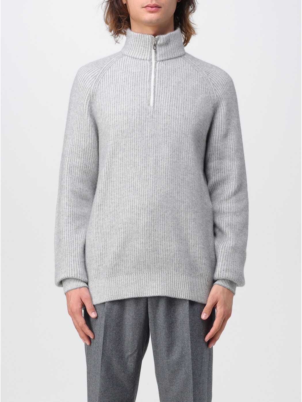 Brunello Cucinelli Ribbed Cashmere Funnel-neck Sweater With Raglan Sleeves In Gray